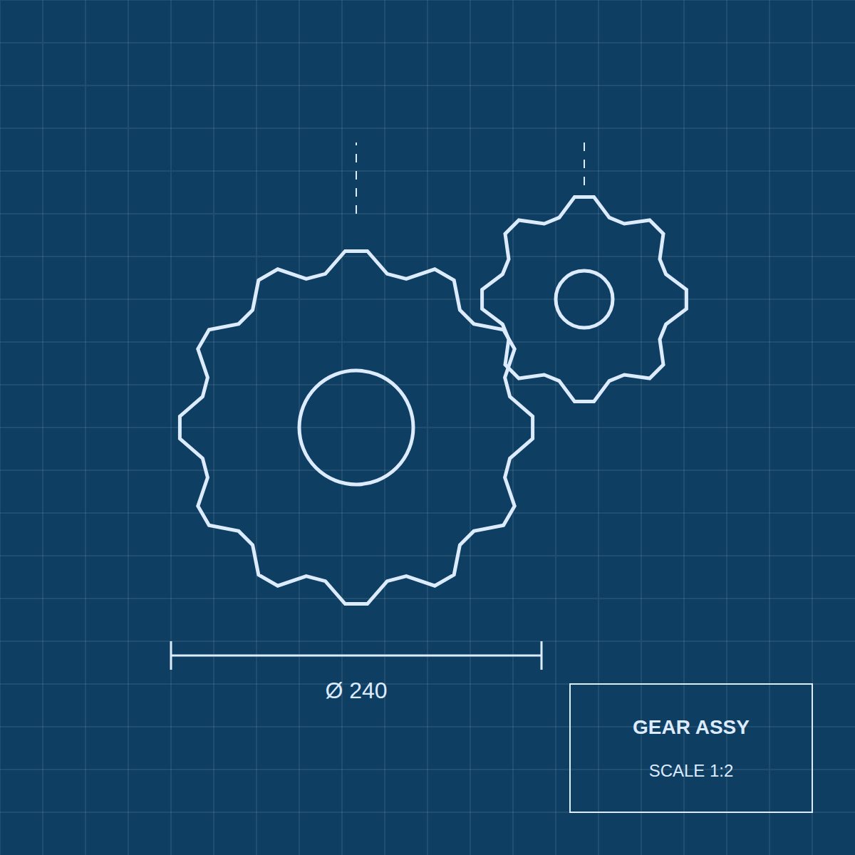 Blueprint-style technical drawing of gears with dimensions