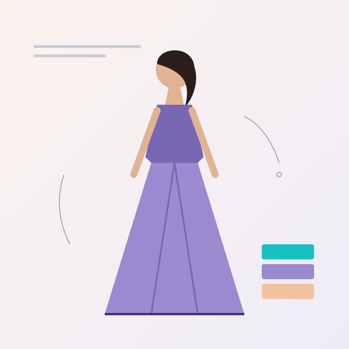 Fashion illustration of a figure in a long lilac dress with fabric swatches