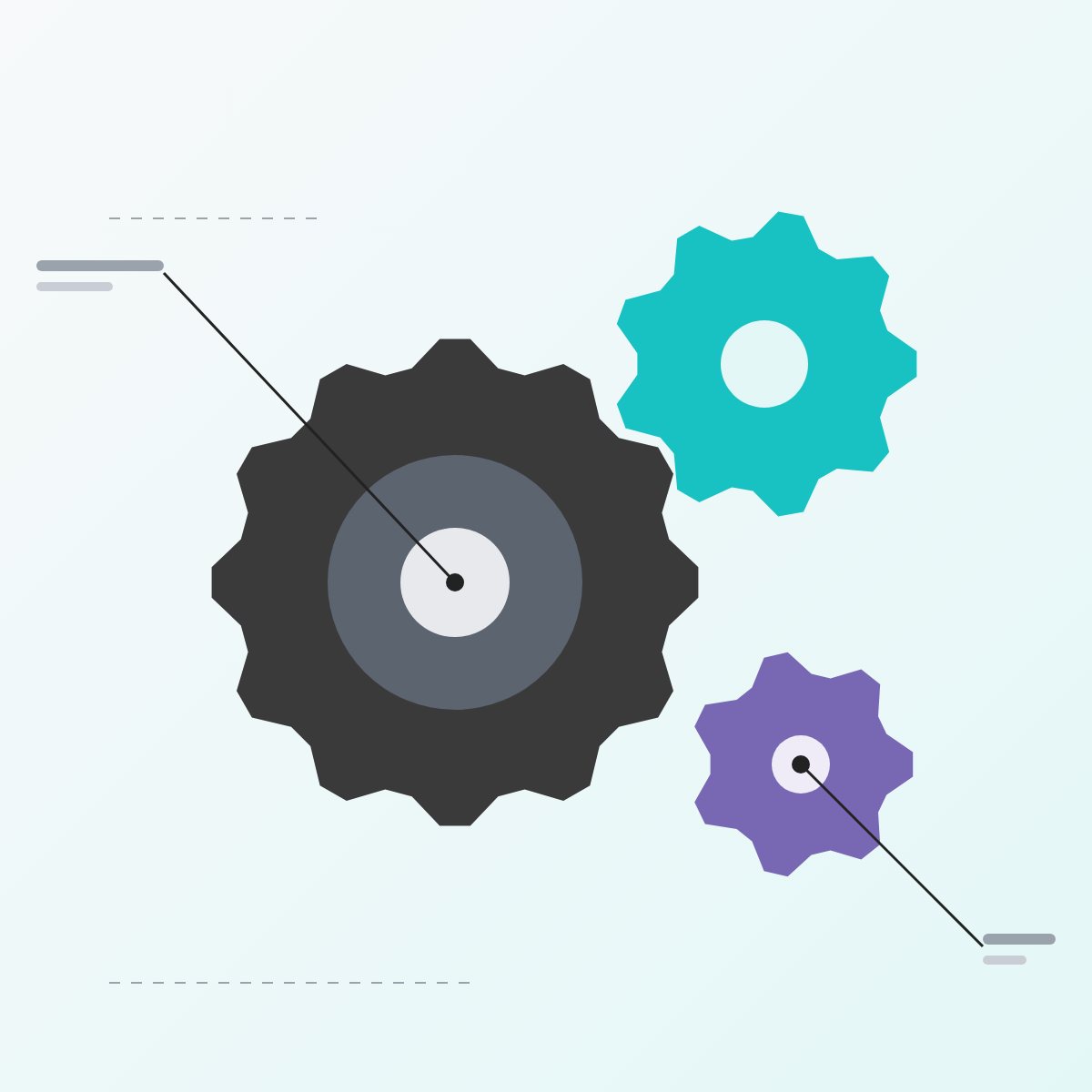 Rendered technical illustration of three meshing gears with callouts