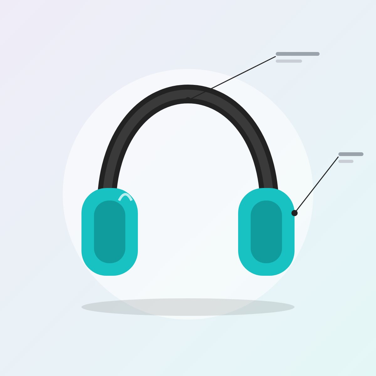 Product illustration of turquoise headphones with callouts