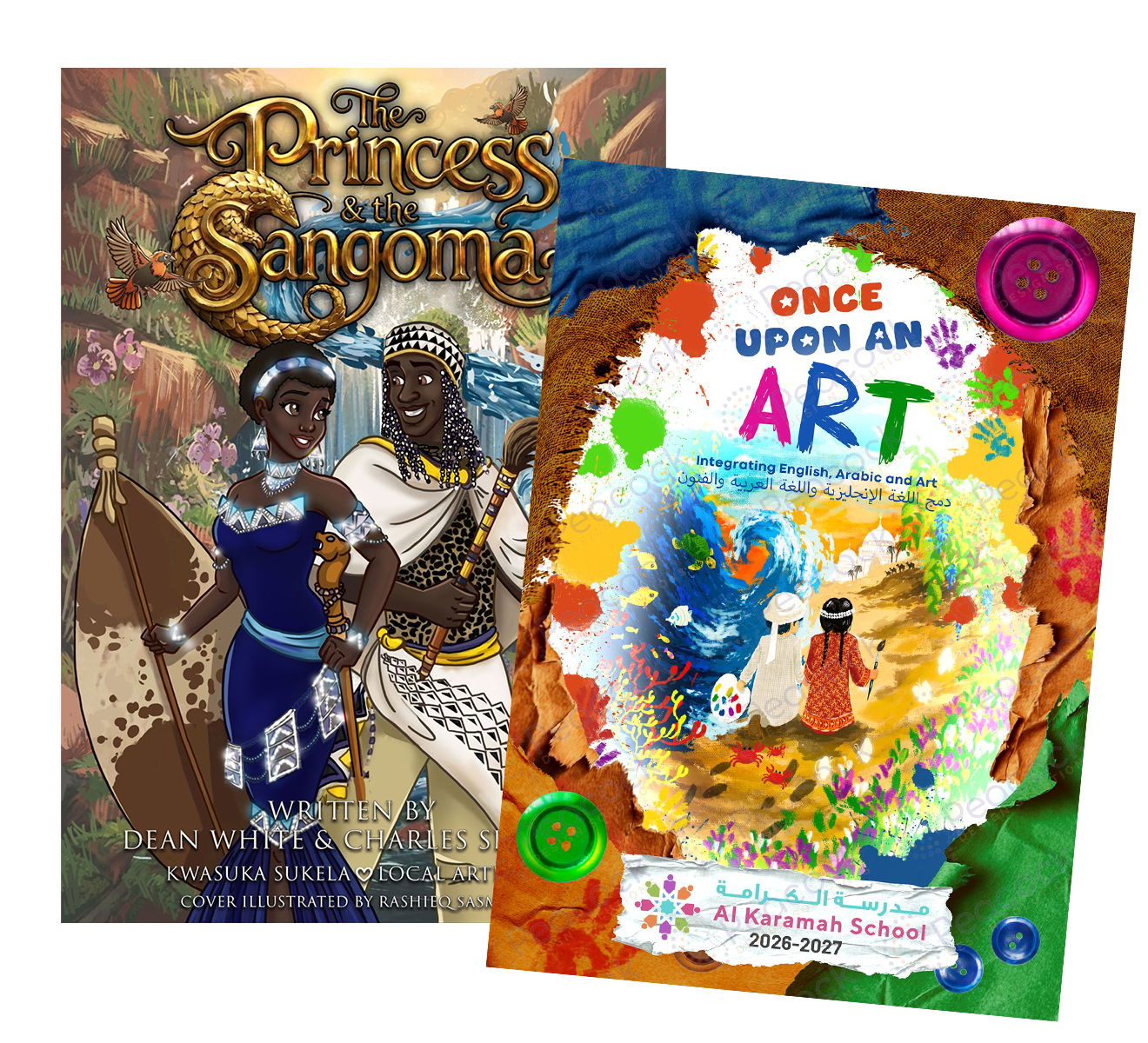 Open picture book with illustrated pages, a pencil character sketch, a coloured character design and a colour palette