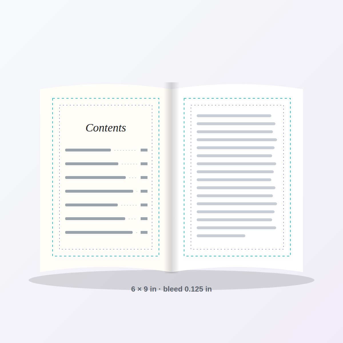 Book spread with visible trim, bleed and margin guides