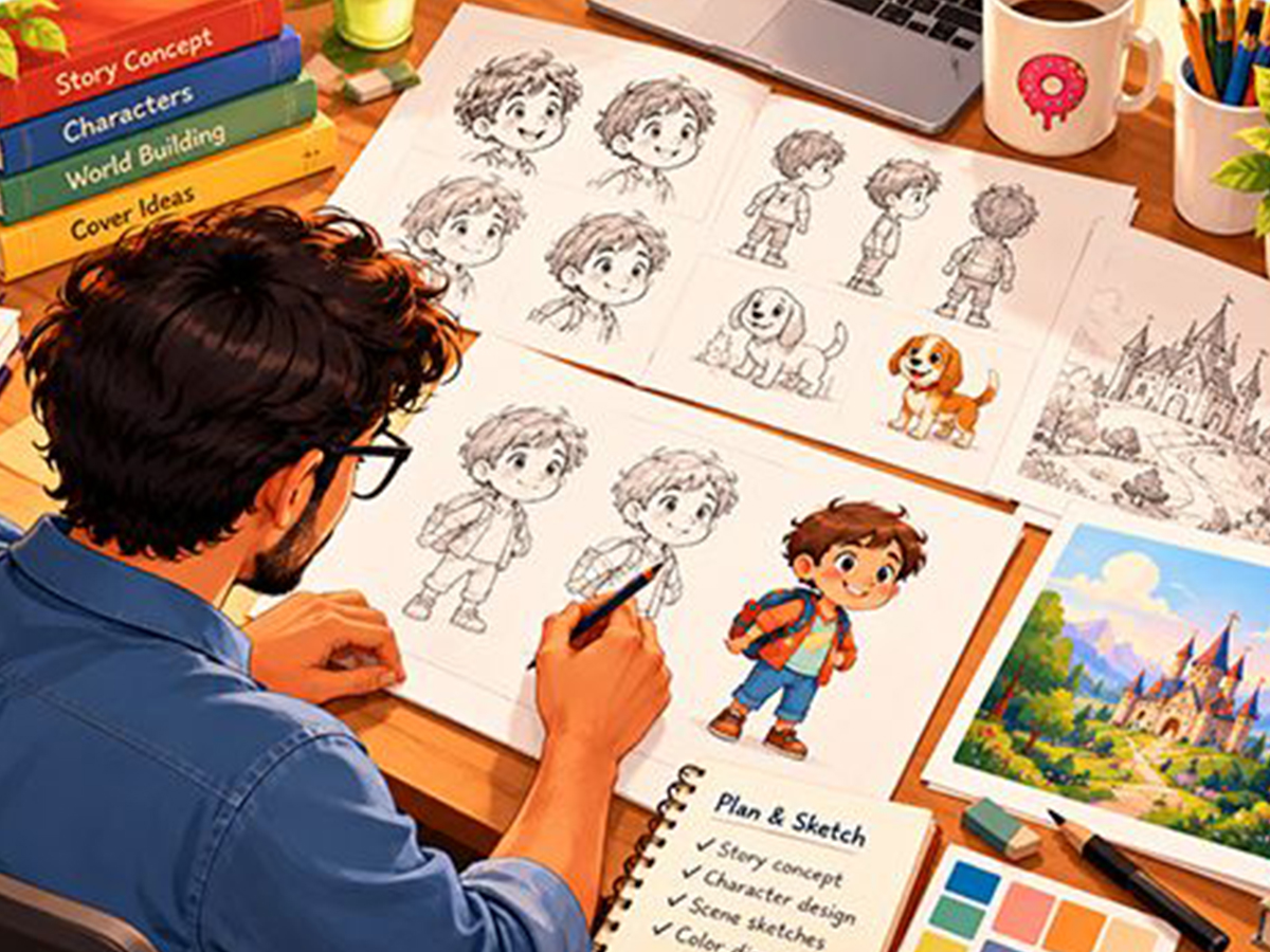 Illustrator drawing character sketches in a sketchbook
