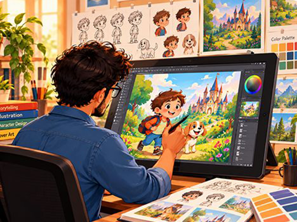 Artist colouring an illustration on a drawing tablet